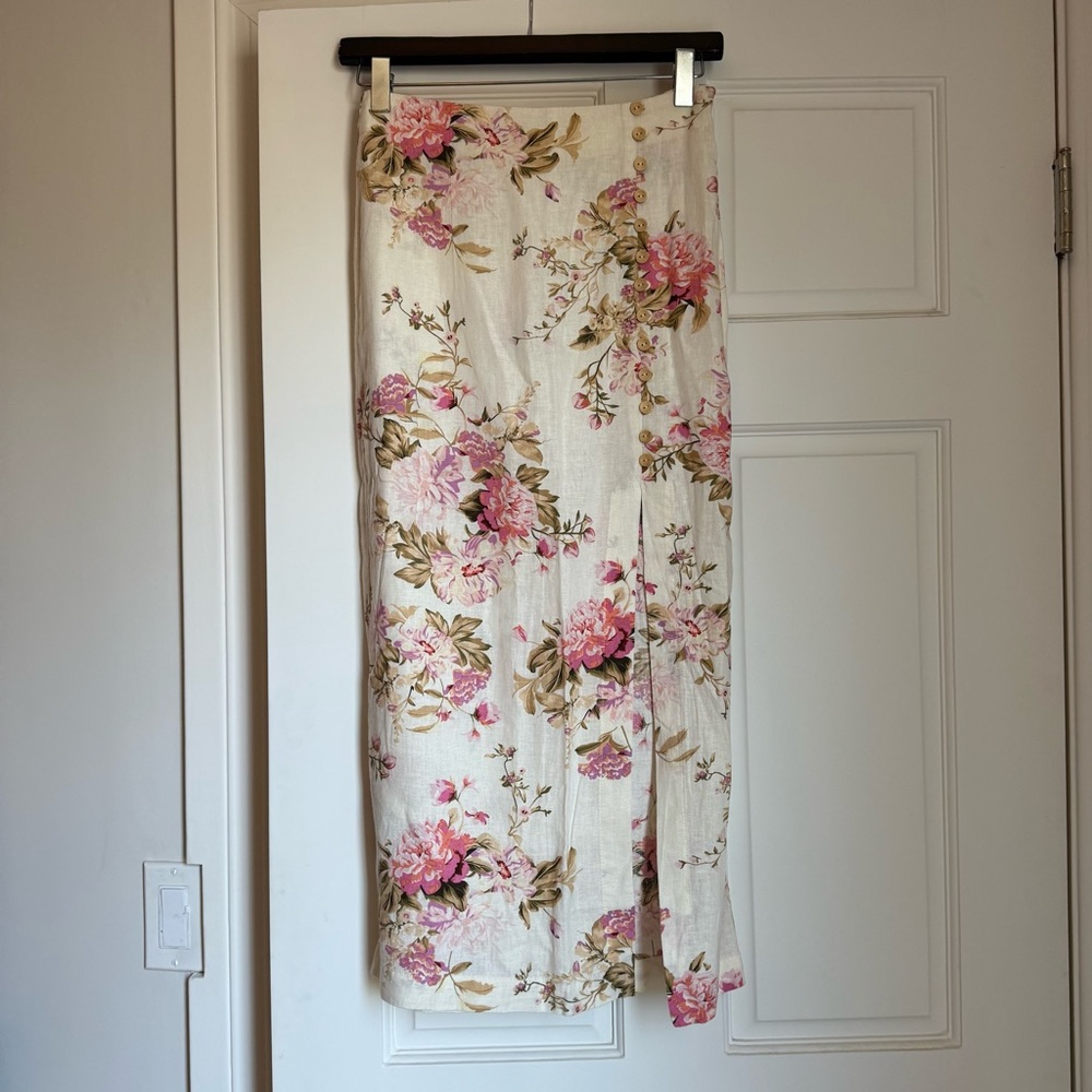 Mango Floral Beige Pink Pattern Linen Button Midi Skirt